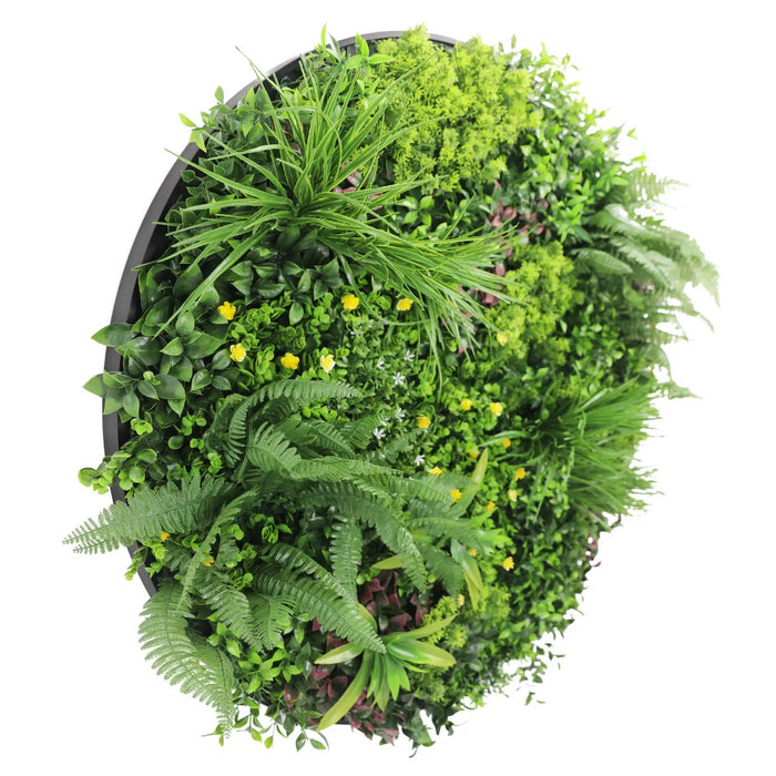 Slimline Artificial Green Wall Disc Art Country Fern UV Resistant Black Frame 100cm